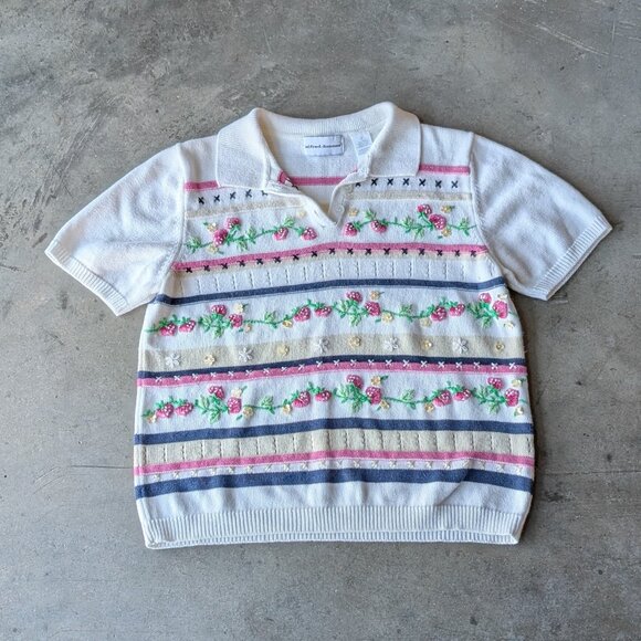 Vintage Sweaters - Vintage Alfred Dunner Embroidered Strawberry Stripe Short Sleeve Knit Top small